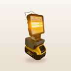 DeWalt-compatible 18V LED Light & Fan Bundle: LED light on an 18V battery, glowing orange