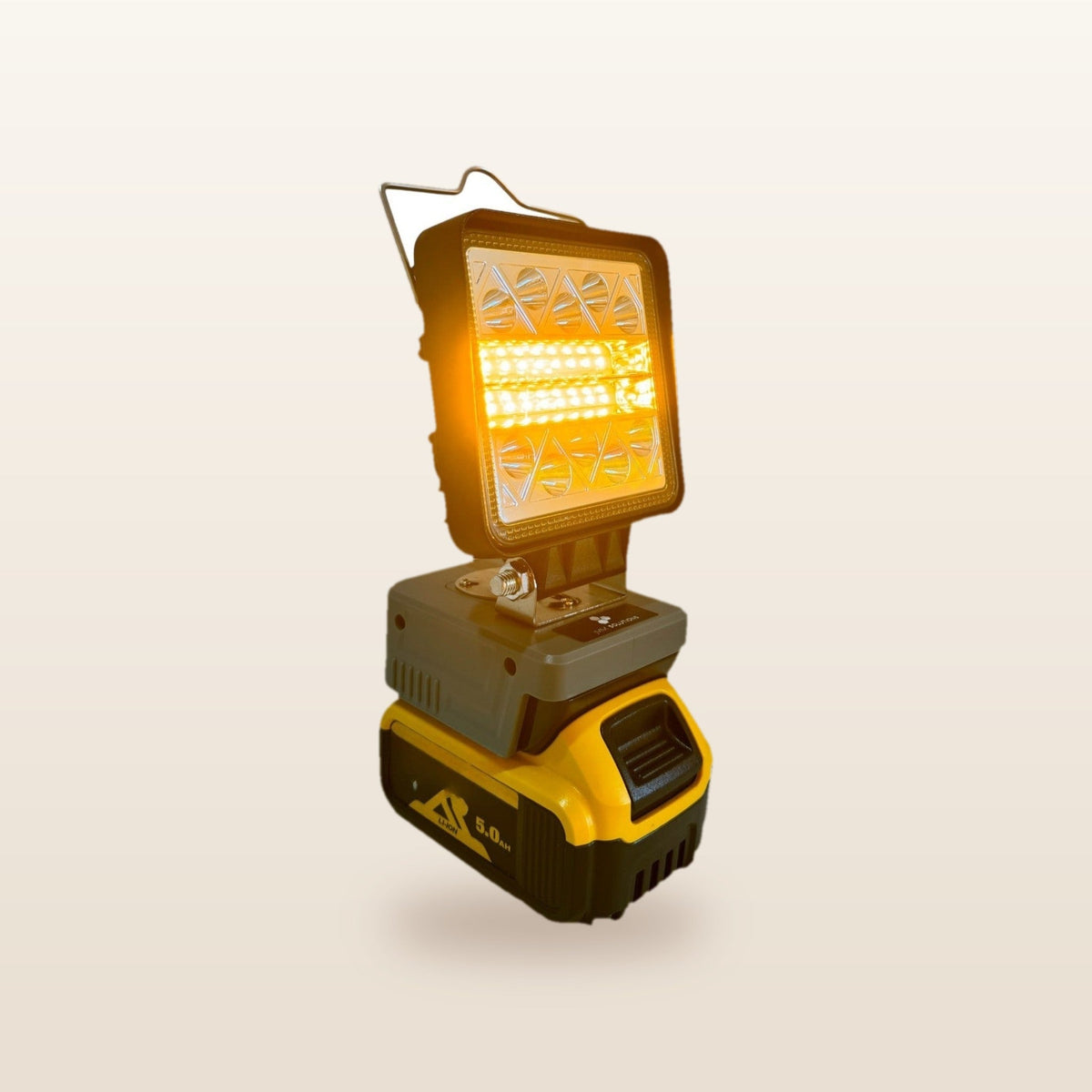 DeWalt-compatible 18V LED Light & Fan Bundle: LED light on an 18V battery, glowing orange