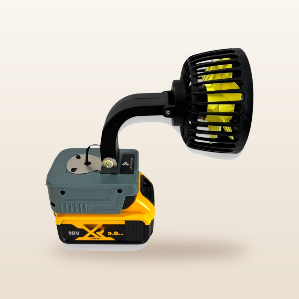 DeWalt-compatible 18V LED Light & Fan Bundle: fan head tilted on its flexible neck