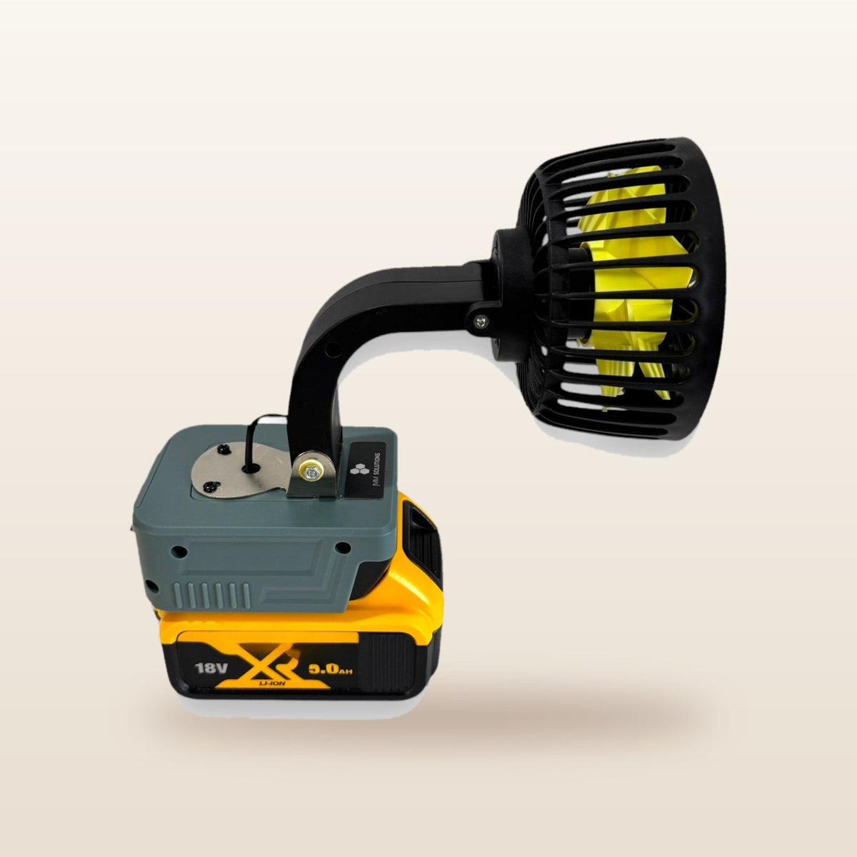 DeWalt-compatible 18V LED Light & Fan Bundle: fan head tilted on its flexible neck