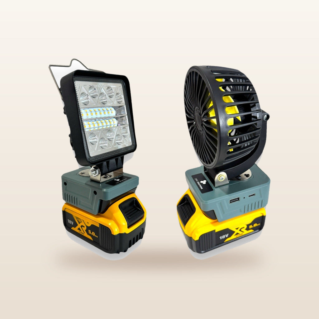 DeWalt-compatible 18V LED Light & Fan Bundle: LED light and fan side by side