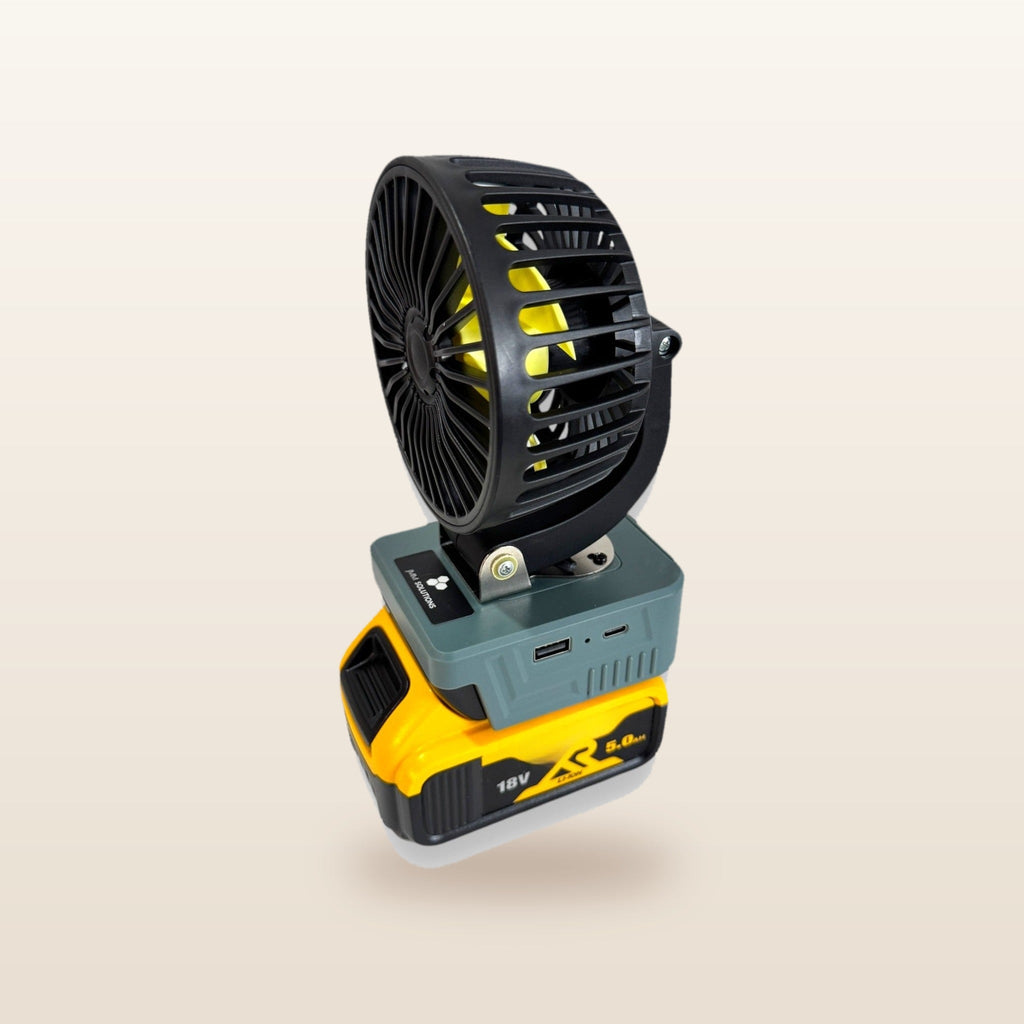 DeWalt-compatible 18V LED Light & Fan Bundle: fan on an 18V battery, angled view