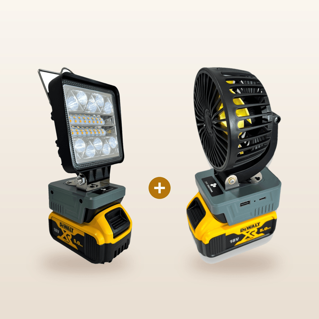 DeWalt-compatible 18V LED Light & Fan Bundle from Mr Swagman: LED light and 100mm fan, each on an 18V battery