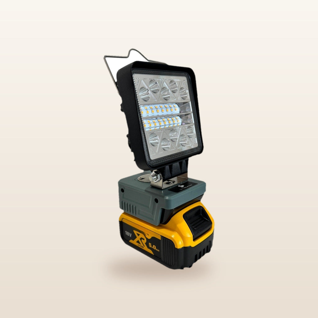 DeWalt-compatible 18V LED Light & Fan Bundle: LED light, angled view on an 18V battery