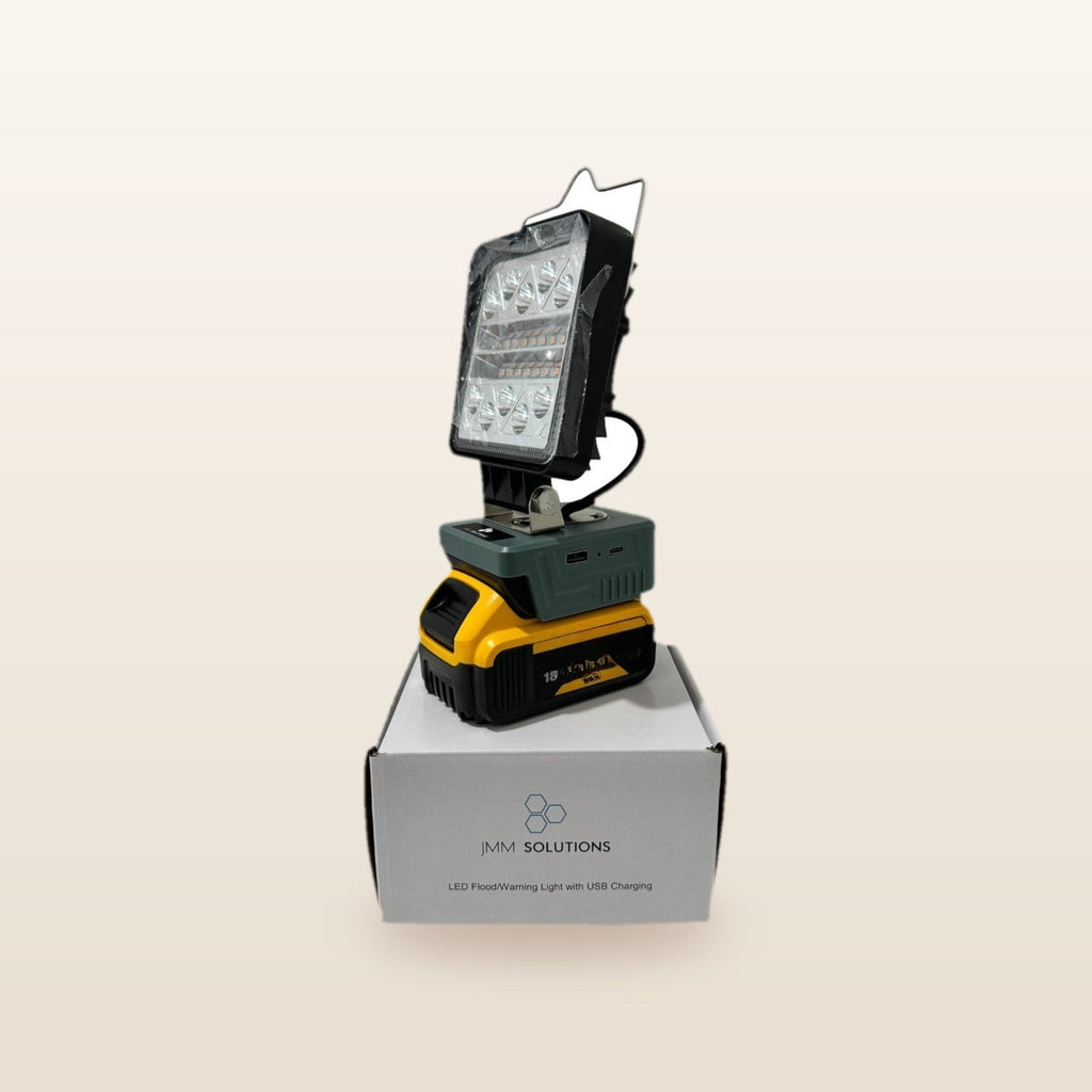 DeWalt-compatible 18V LED Light & Fan Bundle: LED light on an 18V battery, standing on its box