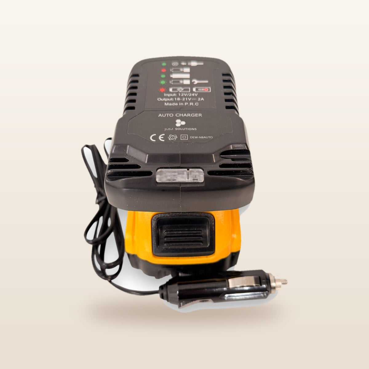 DeWalt-compatible Auto Charger: front view with battery fitted and 12V plug lead