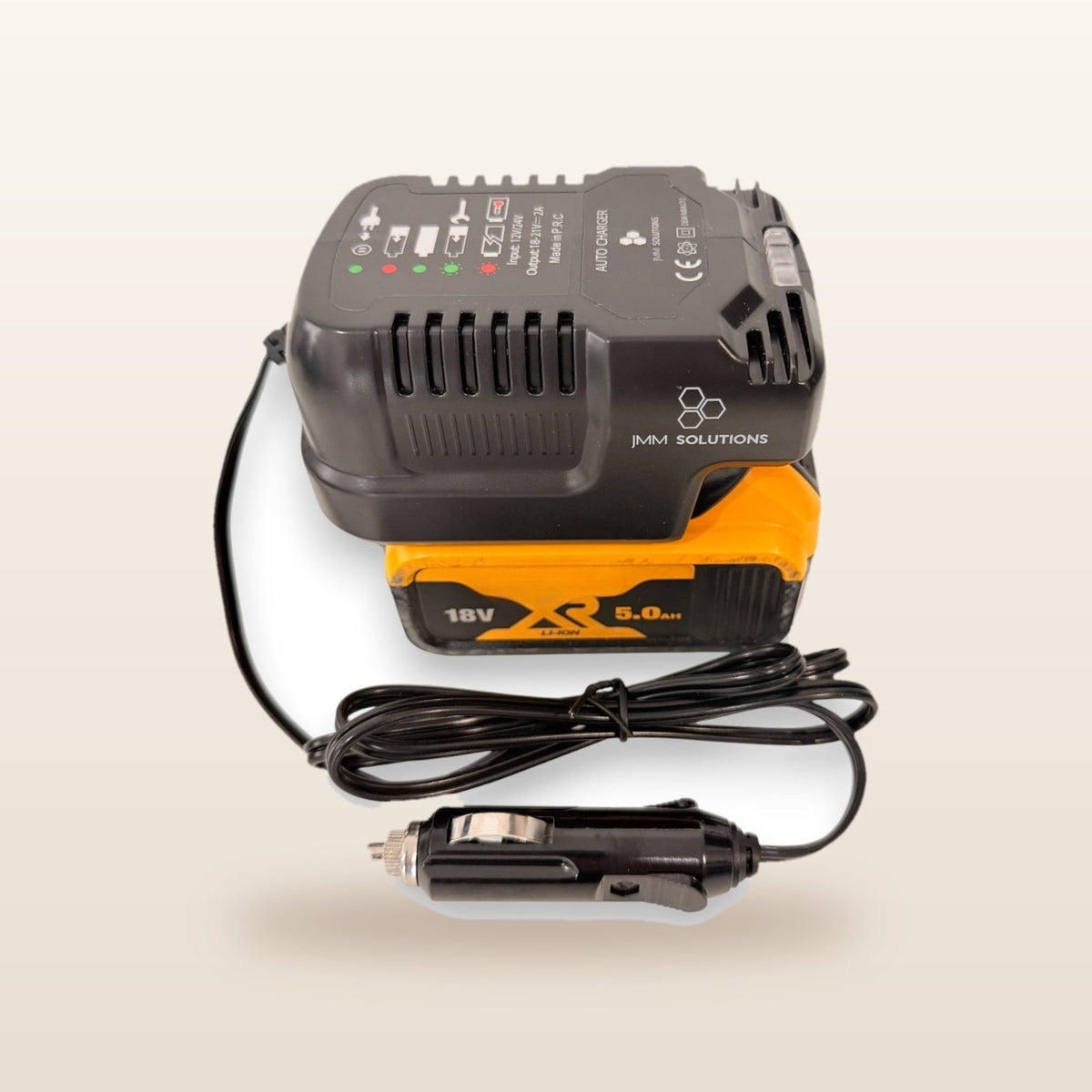 DeWalt-compatible Auto Charger: angled view of the charger with battery and 12V lead