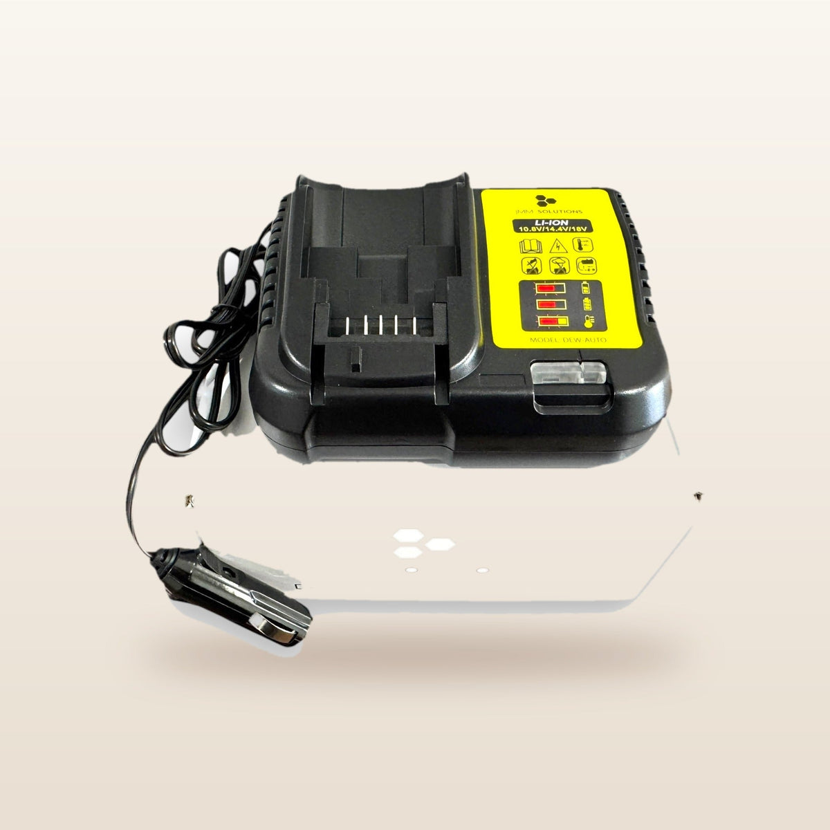 DeWalt-compatible Balanced Auto Charger: charger standing on its box