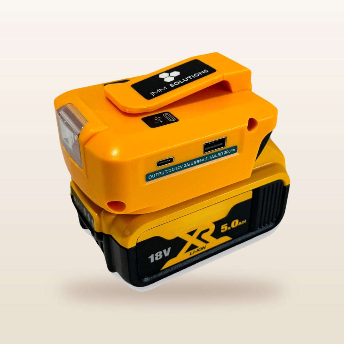 DeWalt-compatible USB & 12V Charger with LED Light: side view showing the USB ports