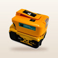 DeWalt-compatible USB & 12V Charger with LED Light from Mr Swagman: on an 18V battery, angled view