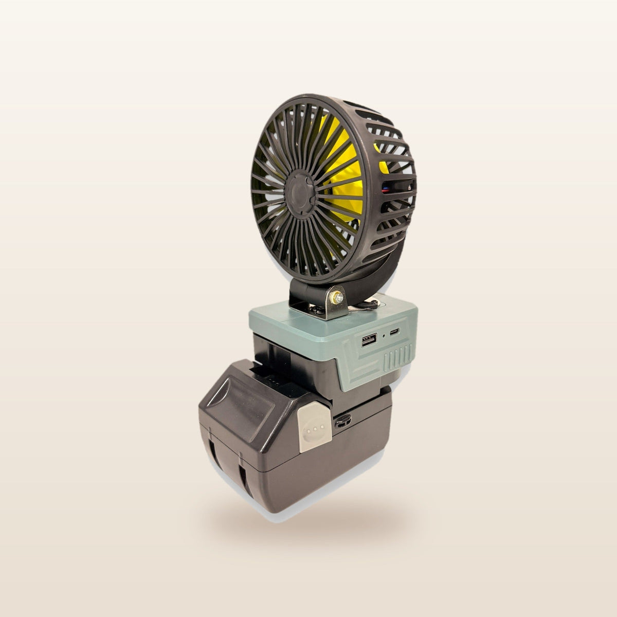 HiKOKI-compatible 18V 100mm Fan from Mr Swagman: on an 18V battery, angled view