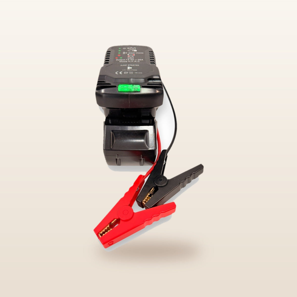 HiKOKI-compatible 18V Jump Starter: front view on the battery with clamps