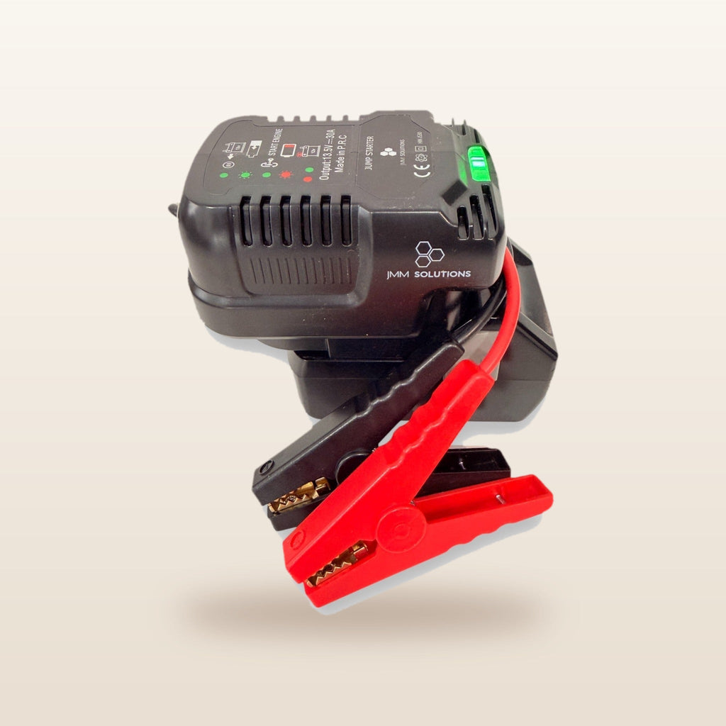 HiKOKI-compatible 18V Jump Starter: angled view with the clamps