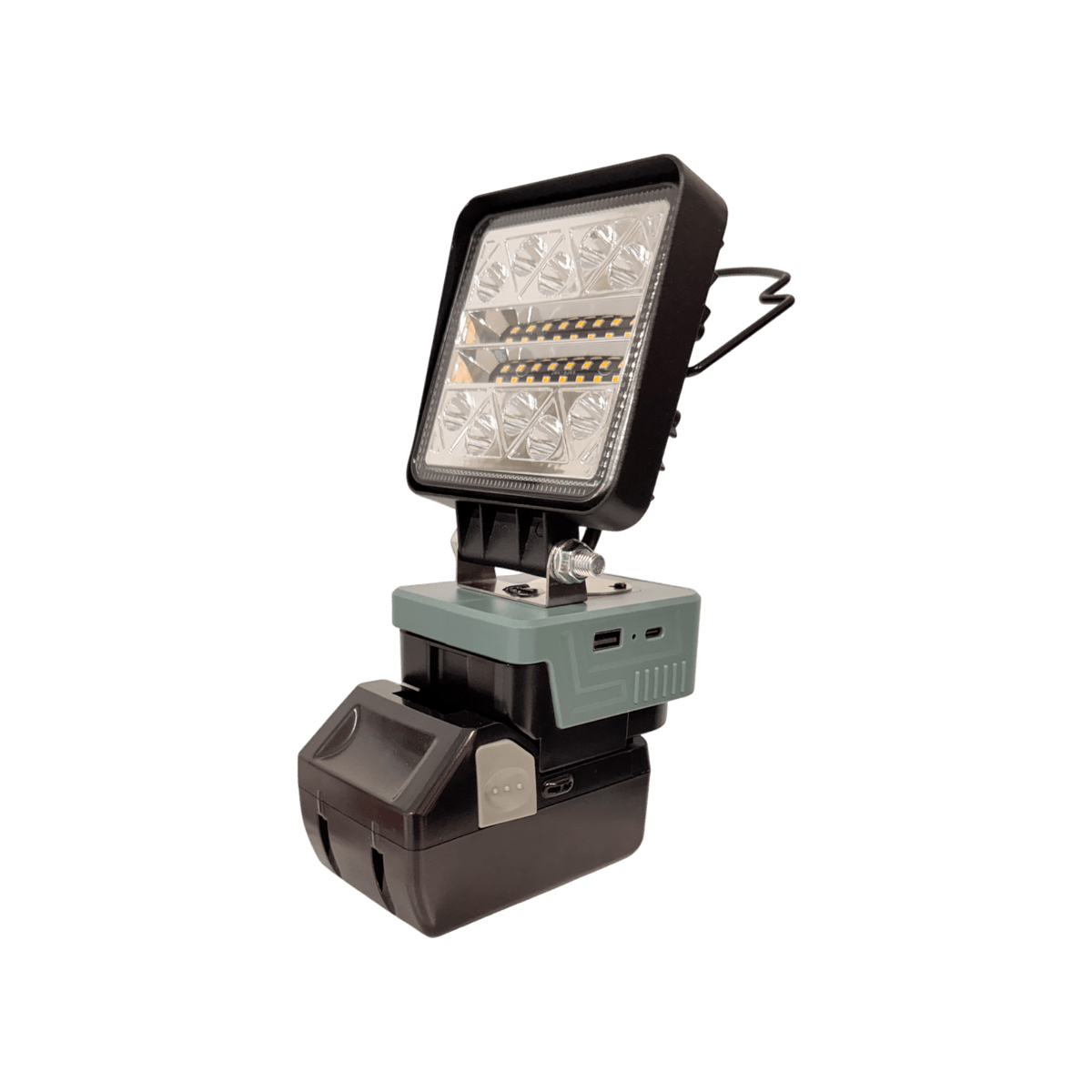 HiKOKI-compatible 18V LED Camp Light: side angle on an 18V battery