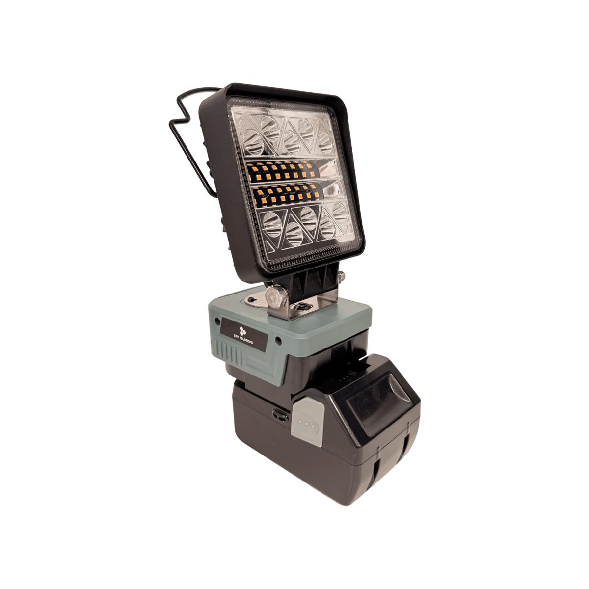 HiKOKI-compatible 18V LED Camp Light: angled view on an 18V battery