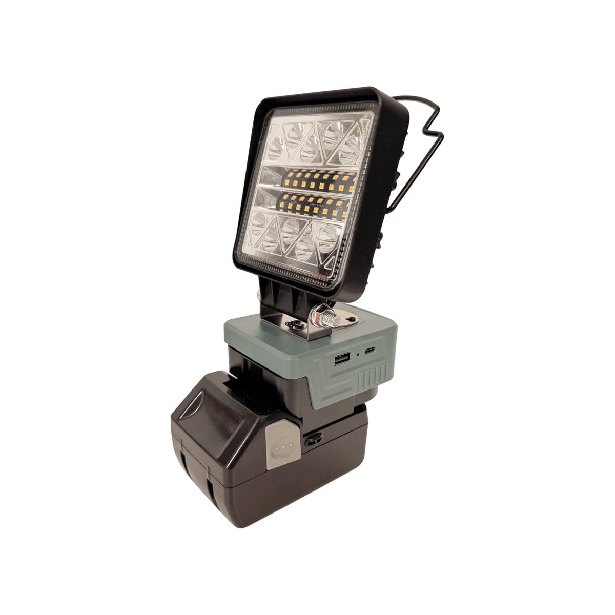HiKOKI-compatible 18V LED Light & Fan Bundle: LED light, side angle on an 18V battery