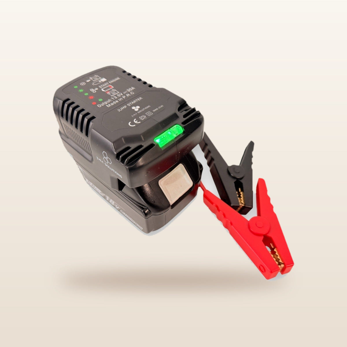 Makita-compatible 18V Jump Starter from Mr Swagman: fitted to an 18V battery, with red and black clamps