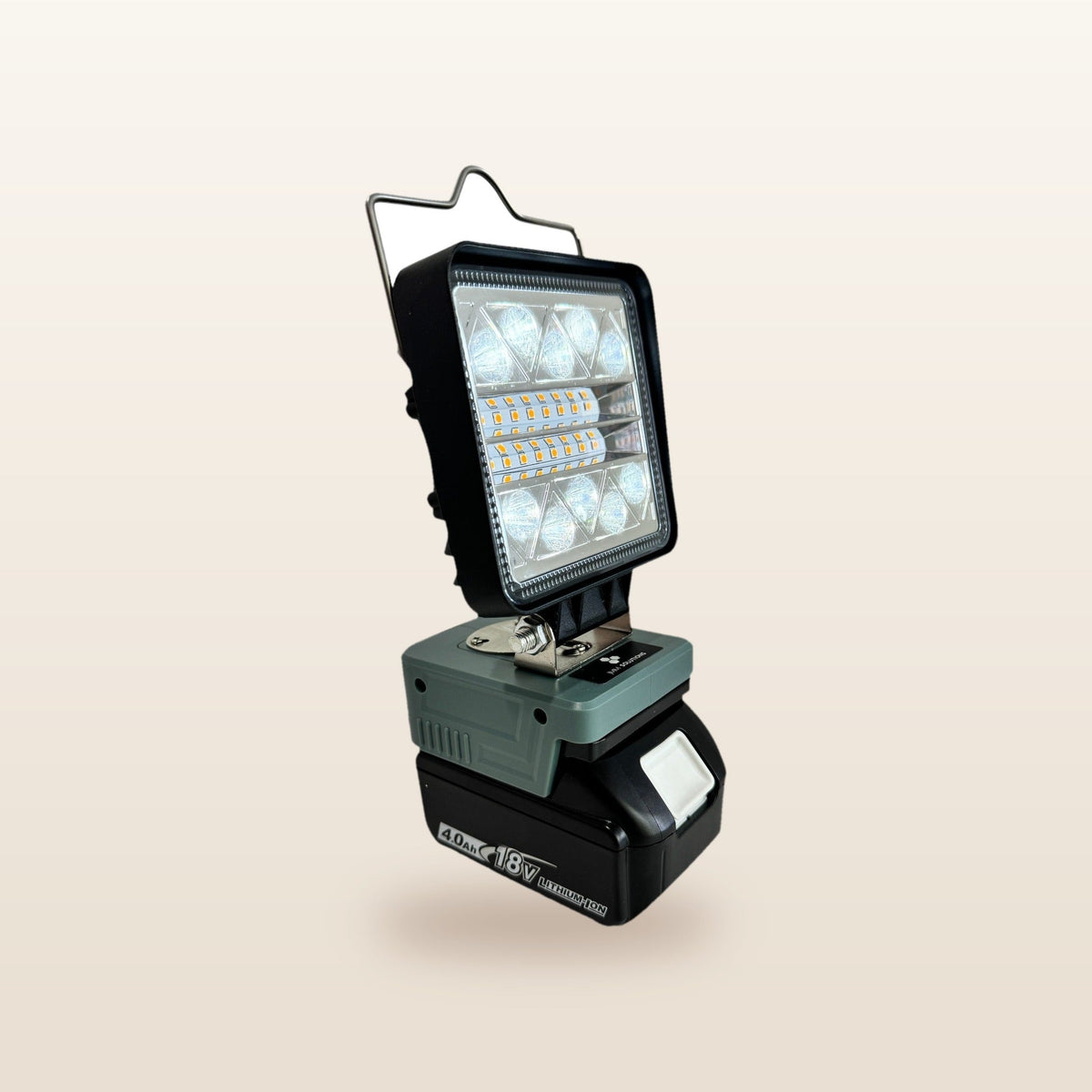 Makita-compatible 18V LED Camp Light from Mr Swagman: on an 18V battery, white light on