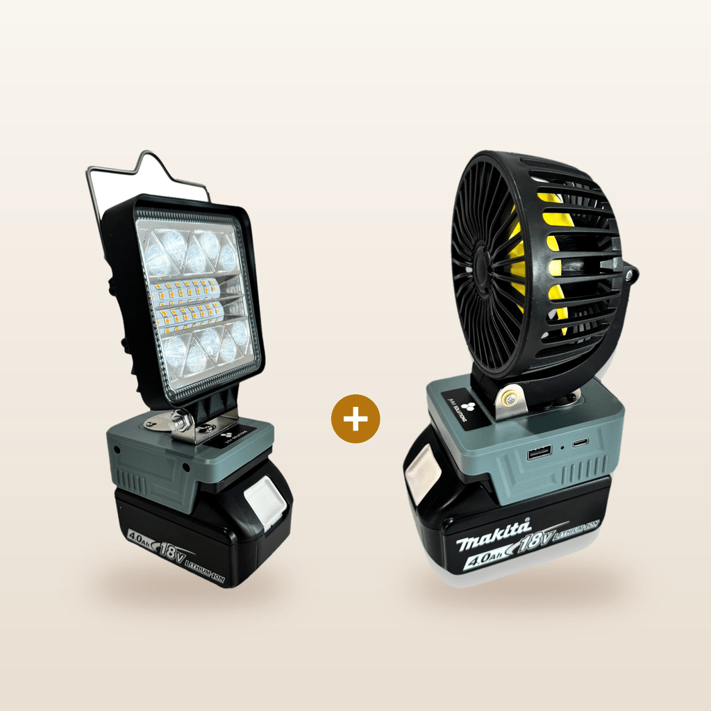 Makita-compatible 18V LED Light & Fan Bundle from Mr Swagman: LED light and 100mm fan, each on an 18V battery