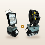 Makita-compatible 18V LED Light & Fan Bundle from Mr Swagman: LED light and 100mm fan, each on an 18V battery