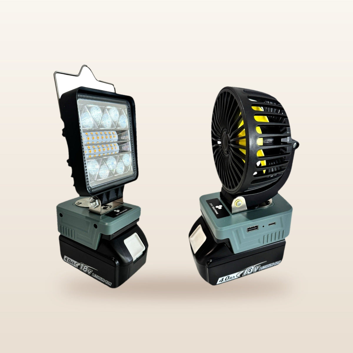 Makita-compatible 18V LED Light & Fan Bundle: LED light and fan side by side