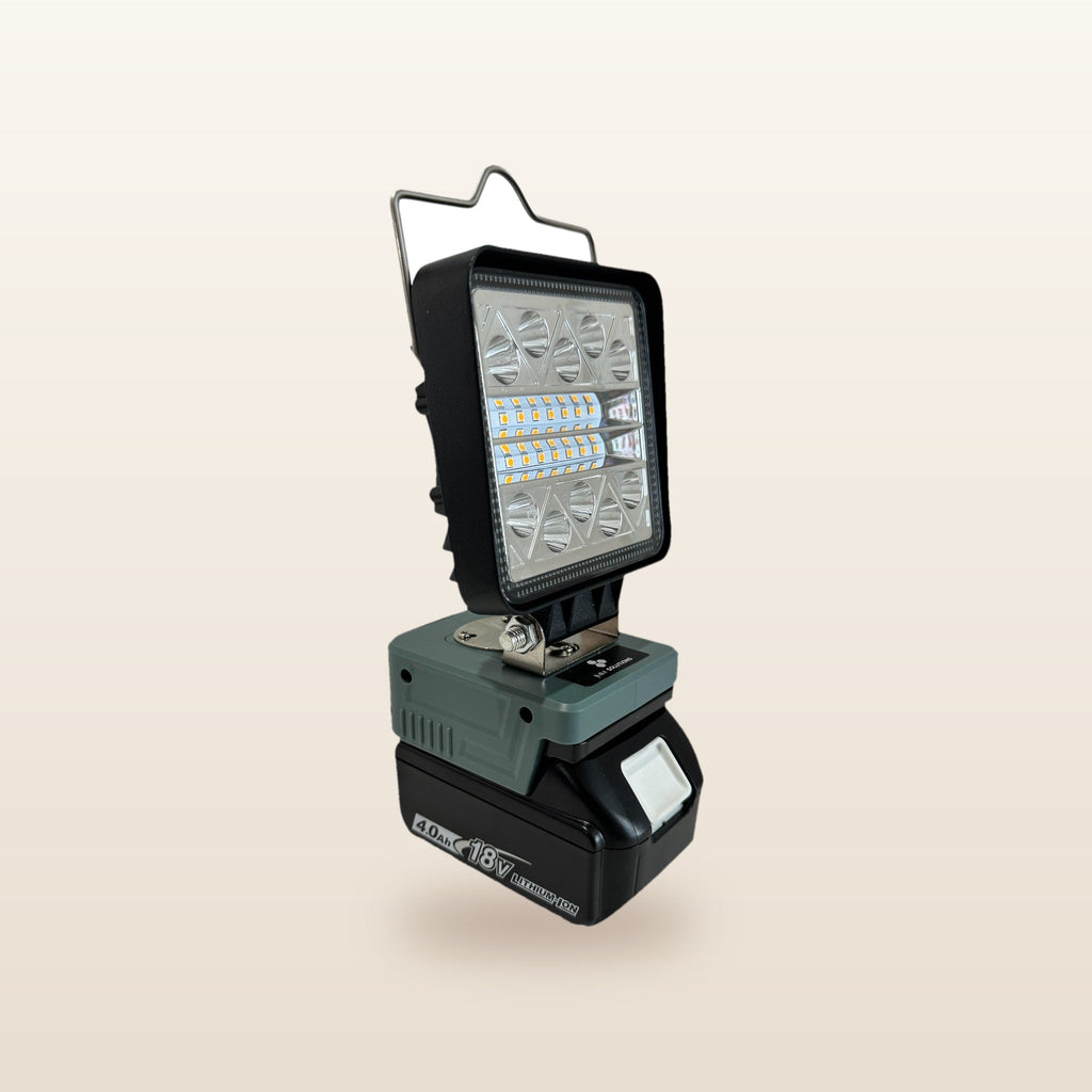 Makita-compatible 18V LED Light & Fan Bundle: LED light, angled view on an 18V battery