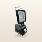 Makita-compatible 18V LED Light & Fan Bundle: LED light, angled view on an 18V battery