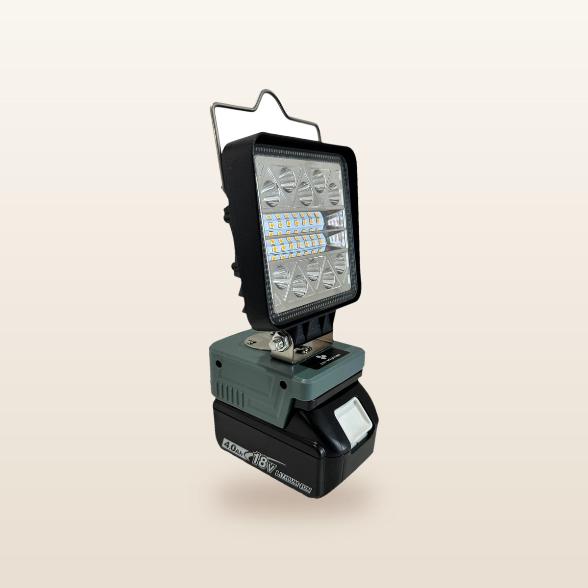 Makita-compatible 18V LED Light & Fan Bundle: LED light, angled view on an 18V battery