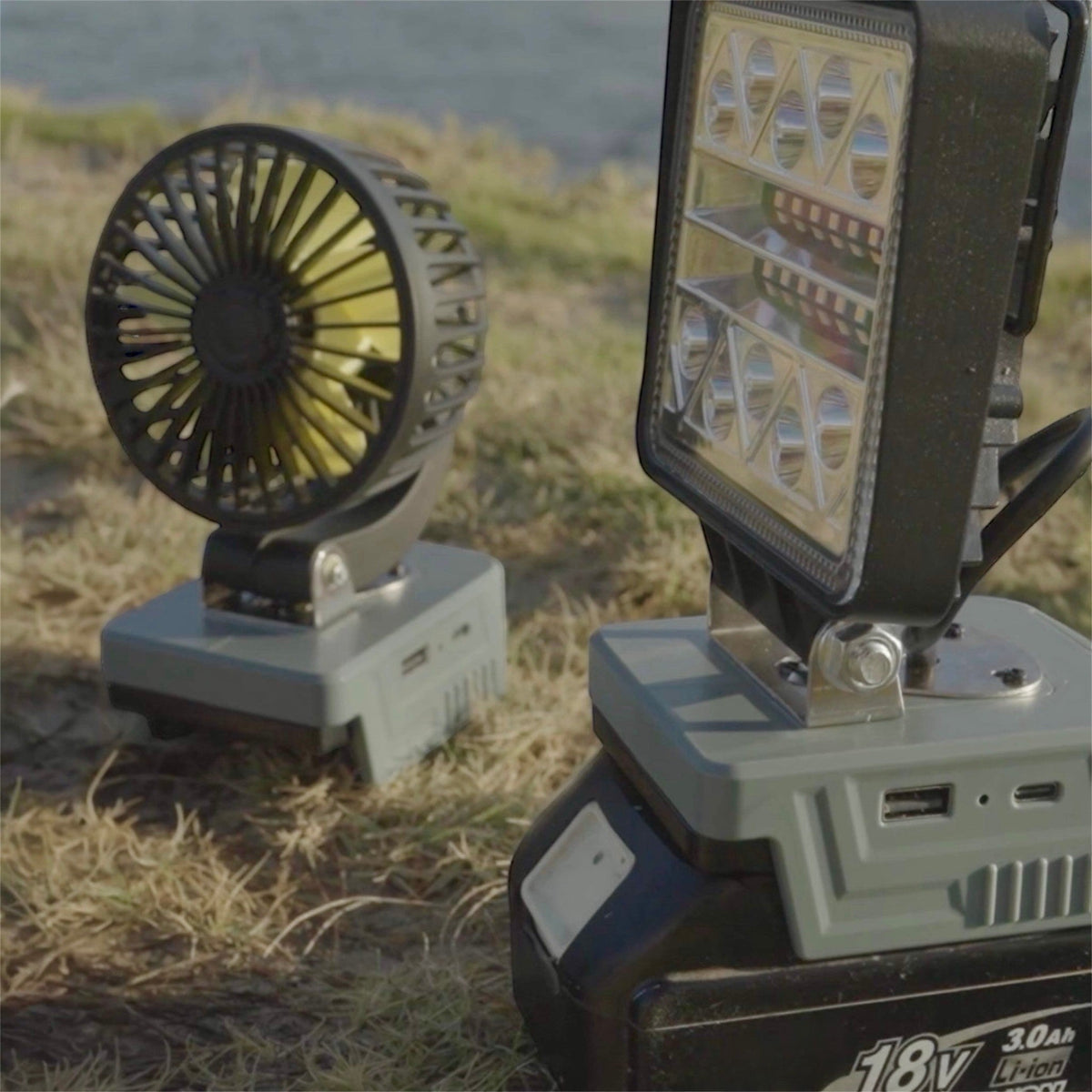 Makita-compatible 18V LED Light & Fan Bundle: fan and LED light set up on grass outdoors