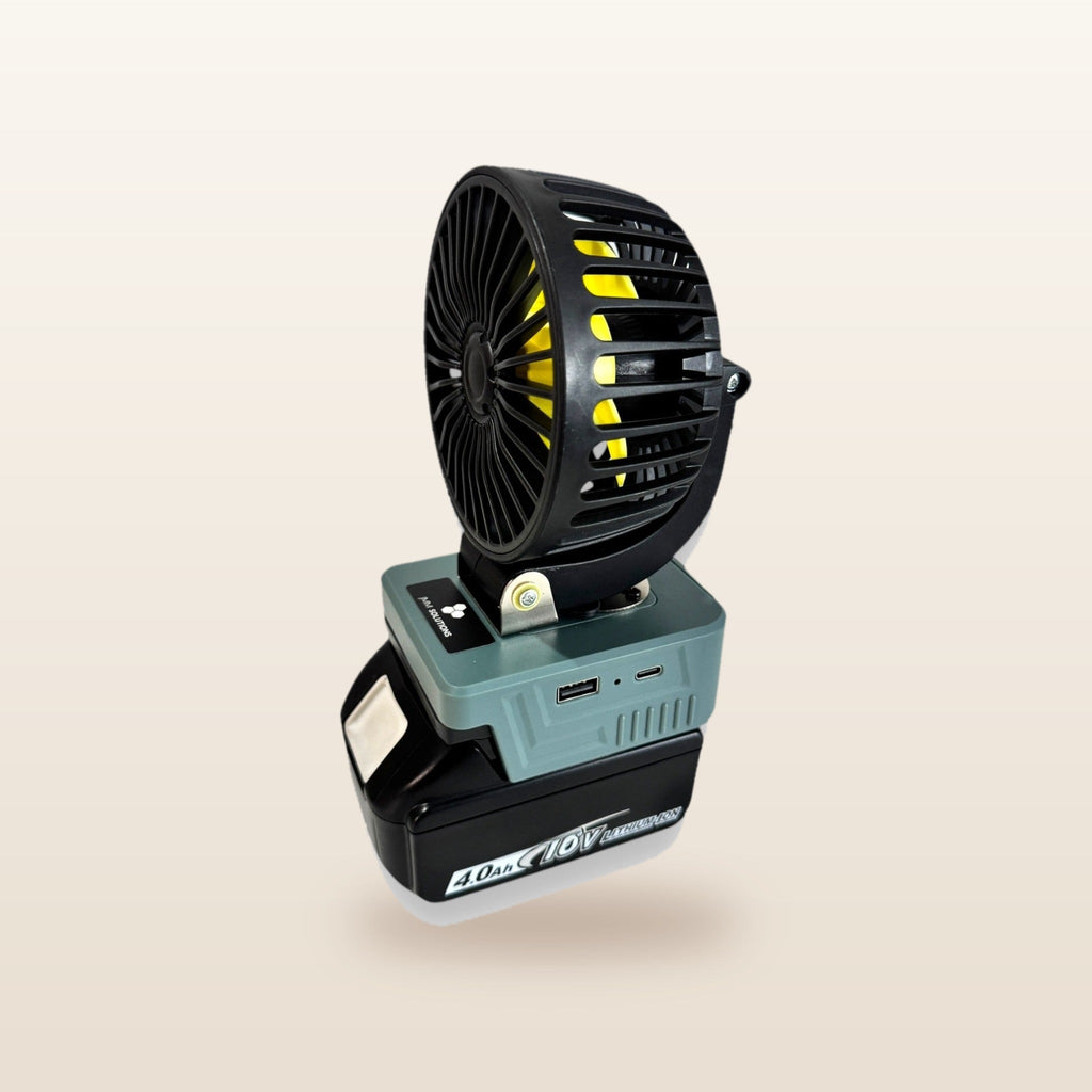 Makita-compatible 18V LED Light & Fan Bundle: fan on an 18V battery, angled view