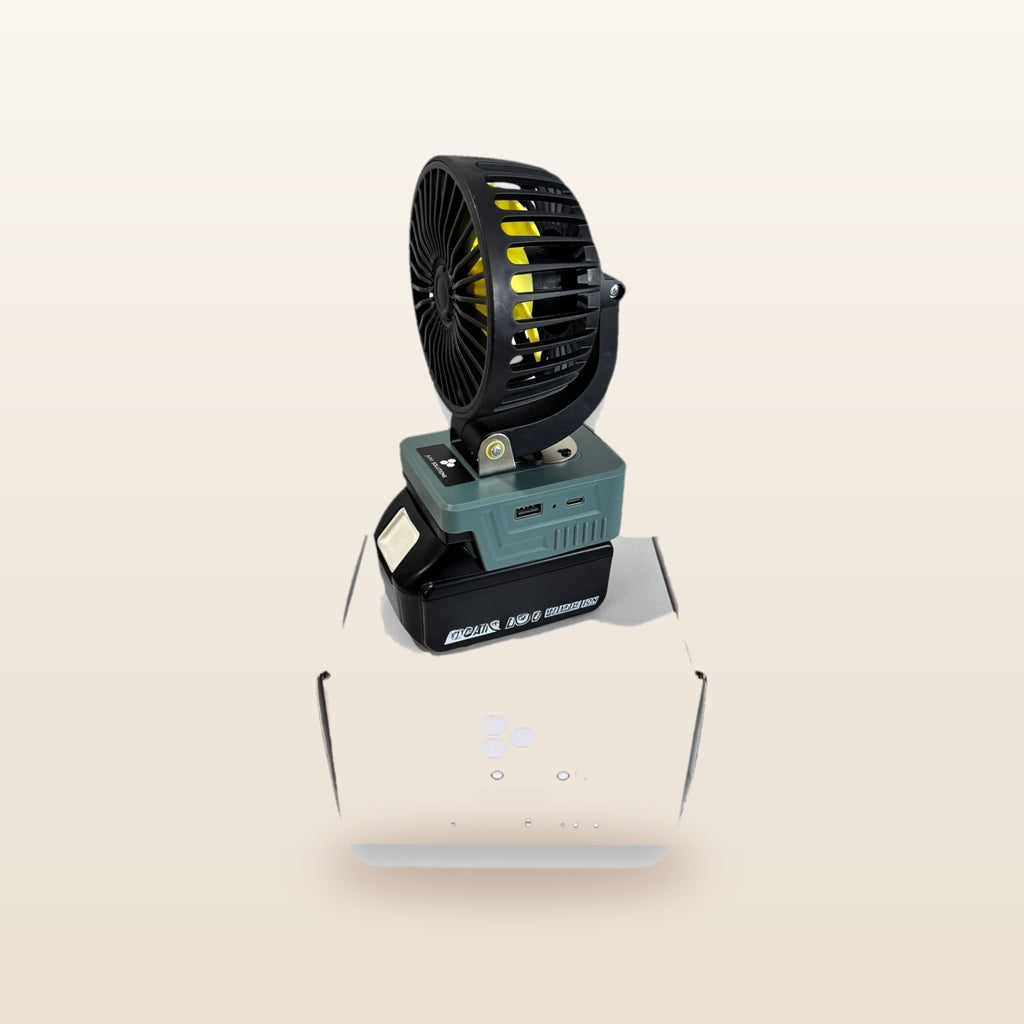 Makita-compatible 18V LED Light & Fan Bundle: fan on an 18V battery, standing on its box