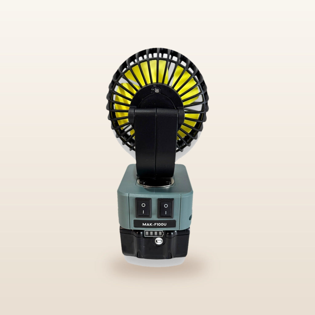 Makita-compatible 18V LED Light & Fan Bundle: fan, rear view showing the USB ports