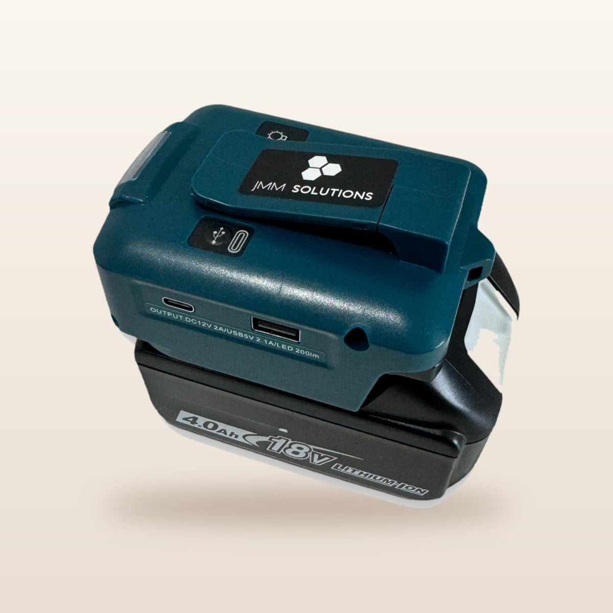 Makita-compatible USB & 12V Charger with LED Light: side view showing the USB ports