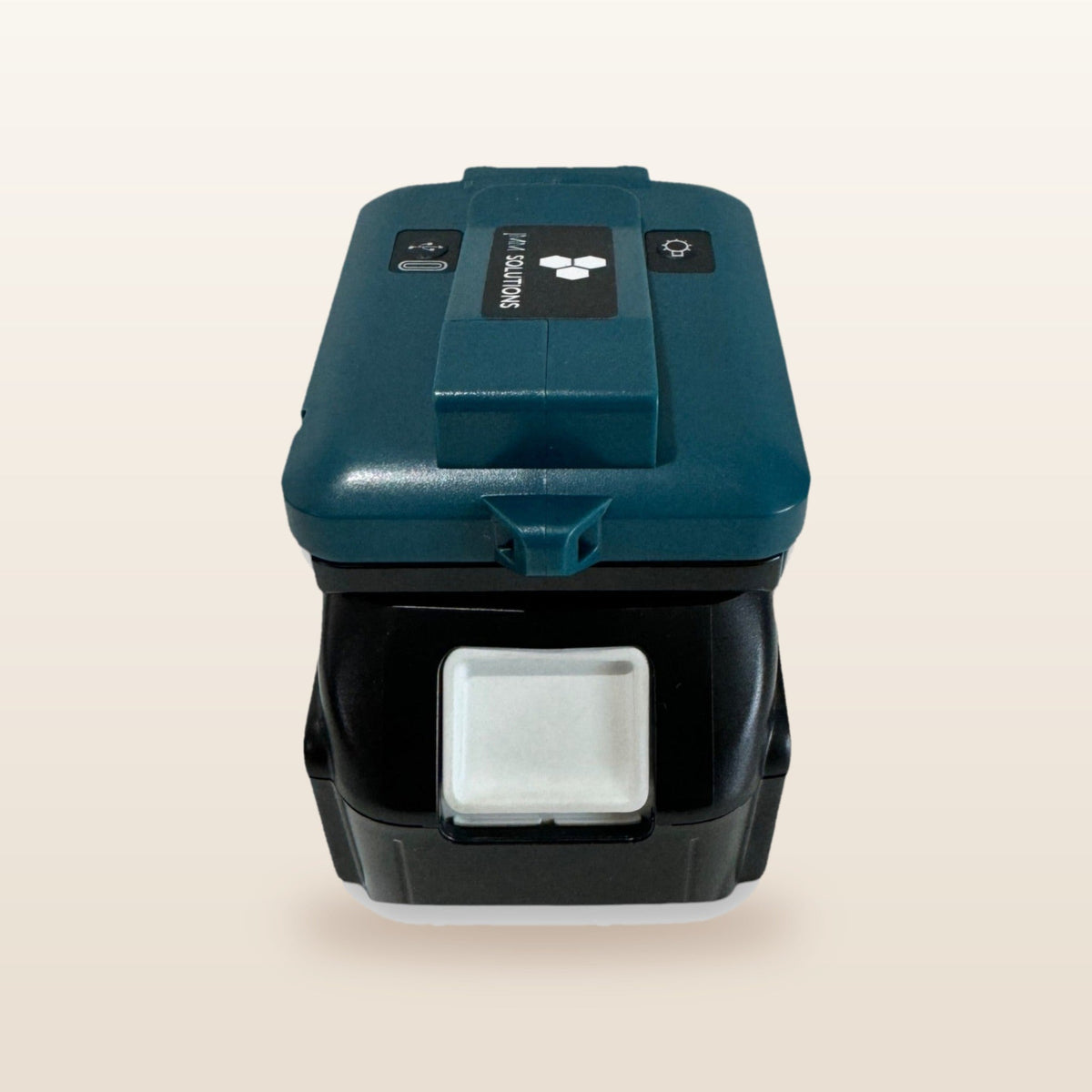 Makita-compatible USB & 12V Charger with LED Light: rear view on the battery