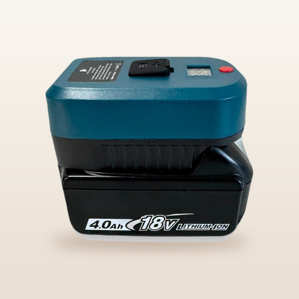 Makita-compatible USB-C 65W PD Charger: adaptor on an 18V battery, angled view