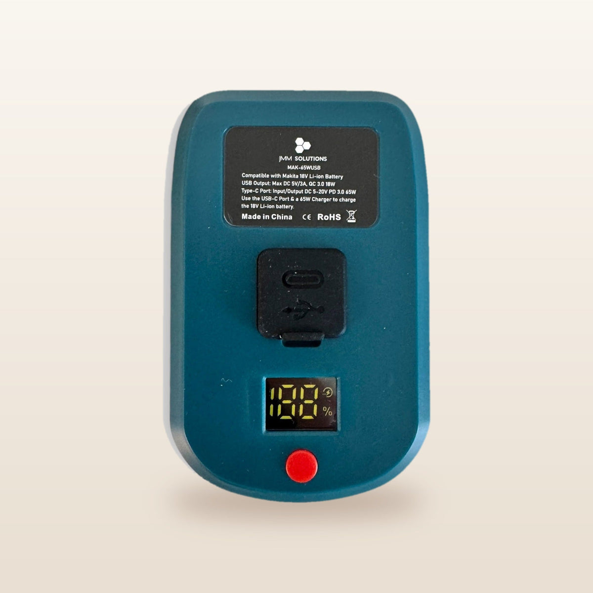 Makita-compatible USB-C 65W PD Charger from Mr Swagman: top of the adaptor with USB-C port and digital display