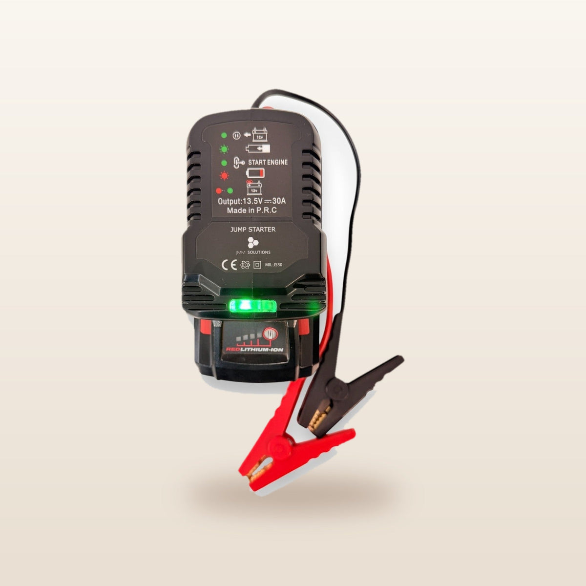 Milwaukee-compatible 18V Jump Starter: front view showing the status lights and clamps