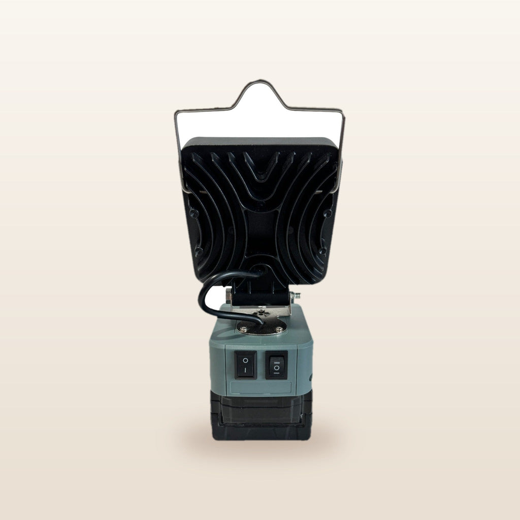 Milwaukee-compatible 18V LED Light & Fan Bundle: LED light, rear view showing the heat sink and wire handle