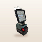 Milwaukee-compatible 18V LED Light & Fan Bundle: LED light, side angle on an 18V battery