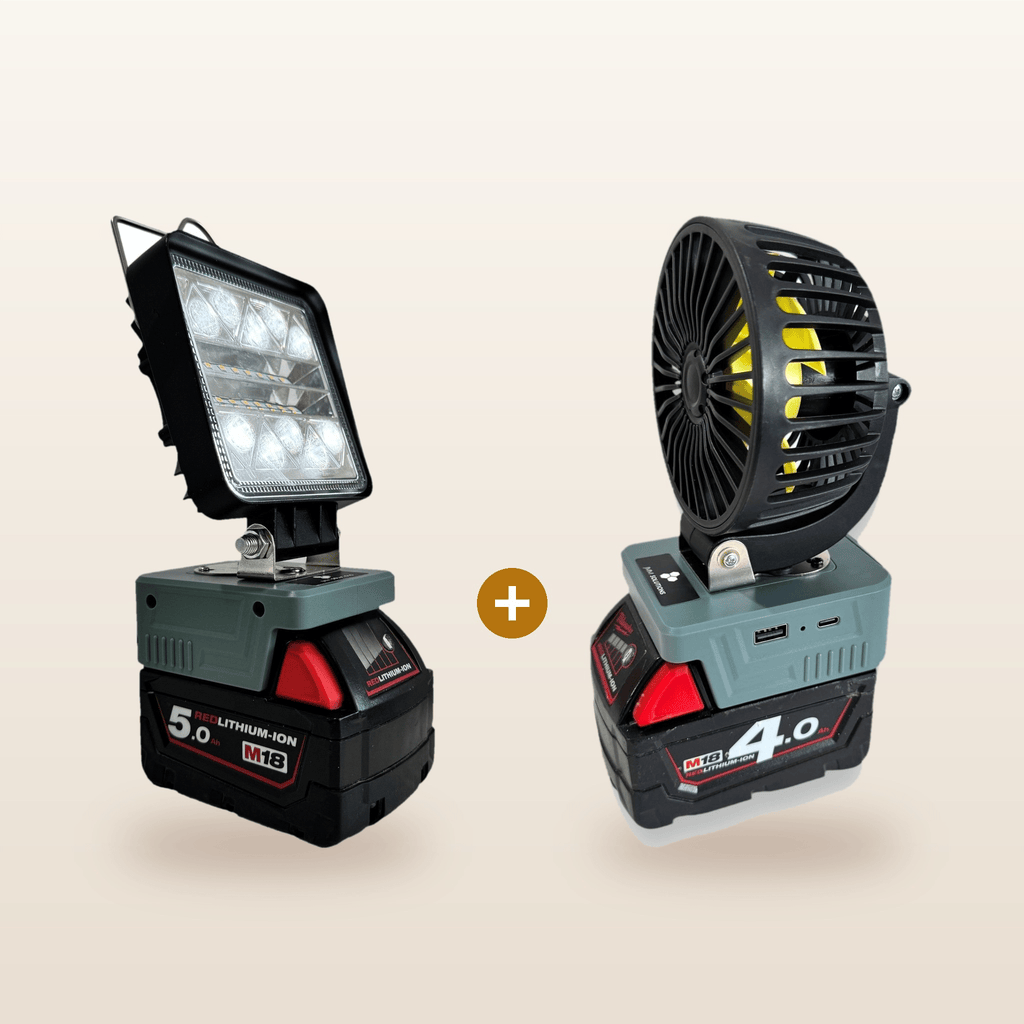 Milwaukee-compatible 18V LED Light & Fan Bundle from Mr Swagman: LED light and 100mm fan, each on an 18V battery