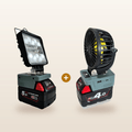 Milwaukee-compatible 18V LED Light & Fan Bundle from Mr Swagman: LED light and 100mm fan, each on an 18V battery