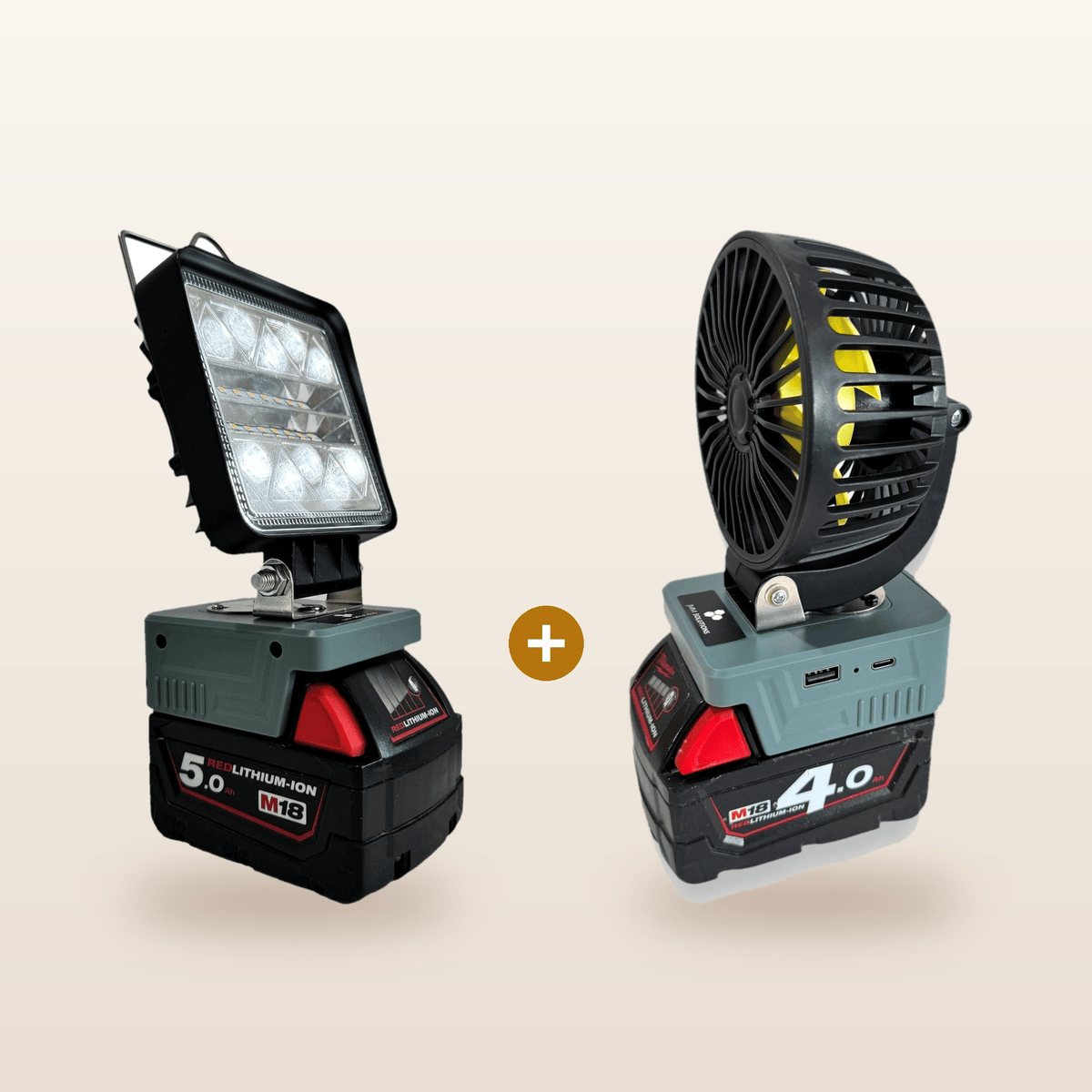 Milwaukee-compatible 18V LED Light & Fan Bundle from Mr Swagman: LED light and 100mm fan, each on an 18V battery