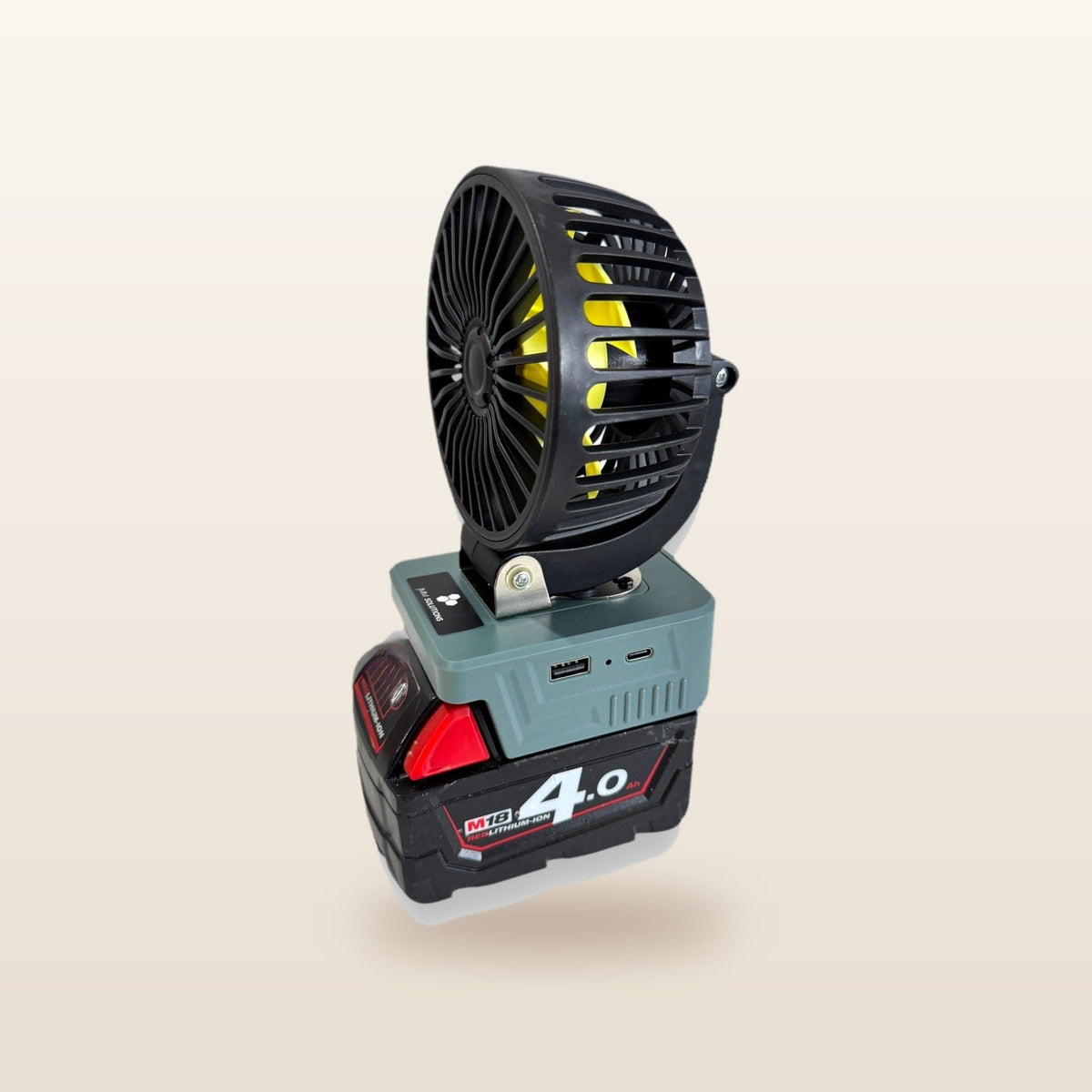 Milwaukee-compatible 18V LED Light & Fan Bundle: fan on an 18V battery, angled view