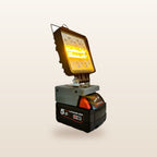 Milwaukee-compatible 18V LED Light & Fan Bundle: LED light on an 18V battery, glowing orange