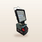 Milwaukee-compatible 18V LED Light & Fan Bundle: LED light, angled view on an 18V battery
