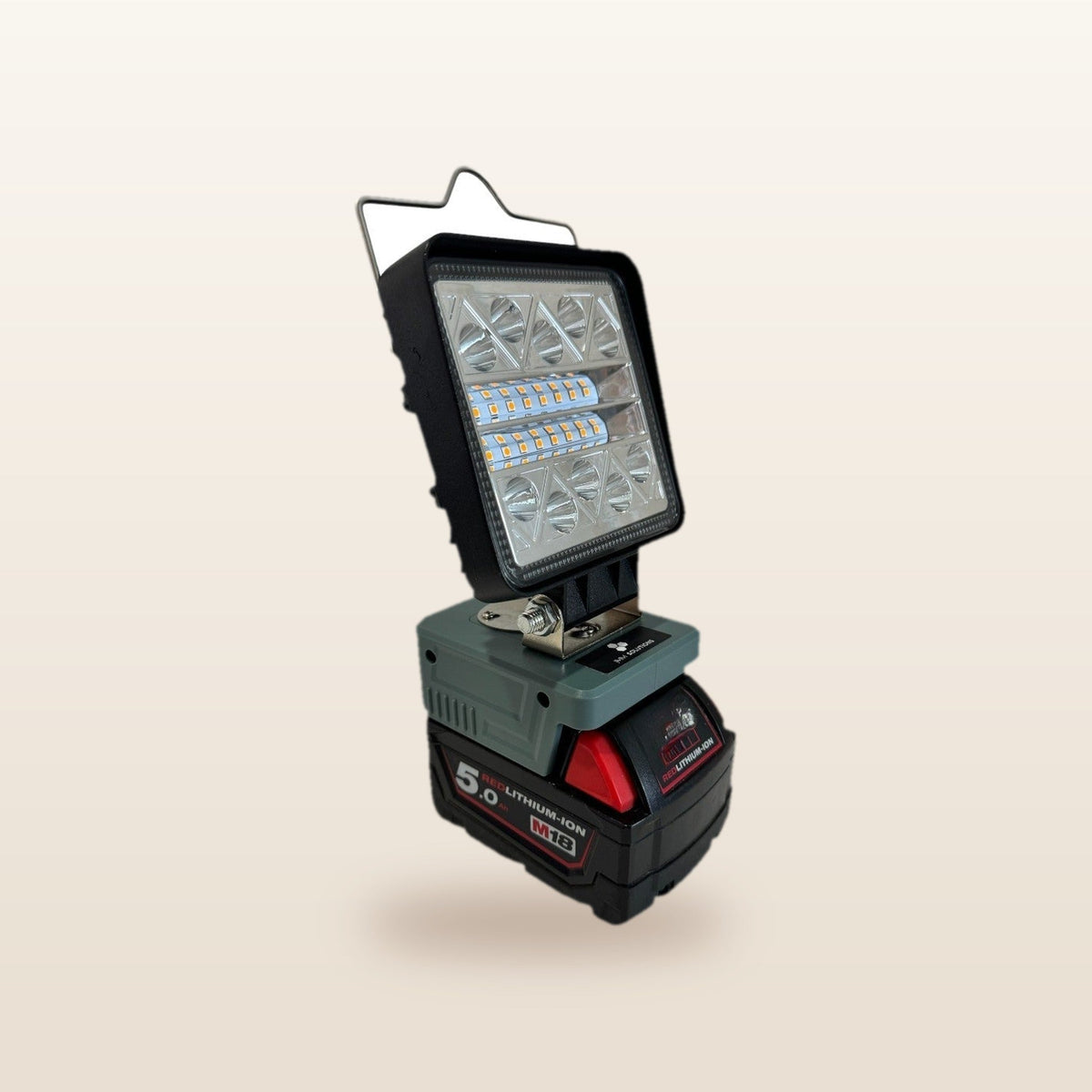 Milwaukee-compatible 18V LED Light & Fan Bundle: LED light, angled view on an 18V battery
