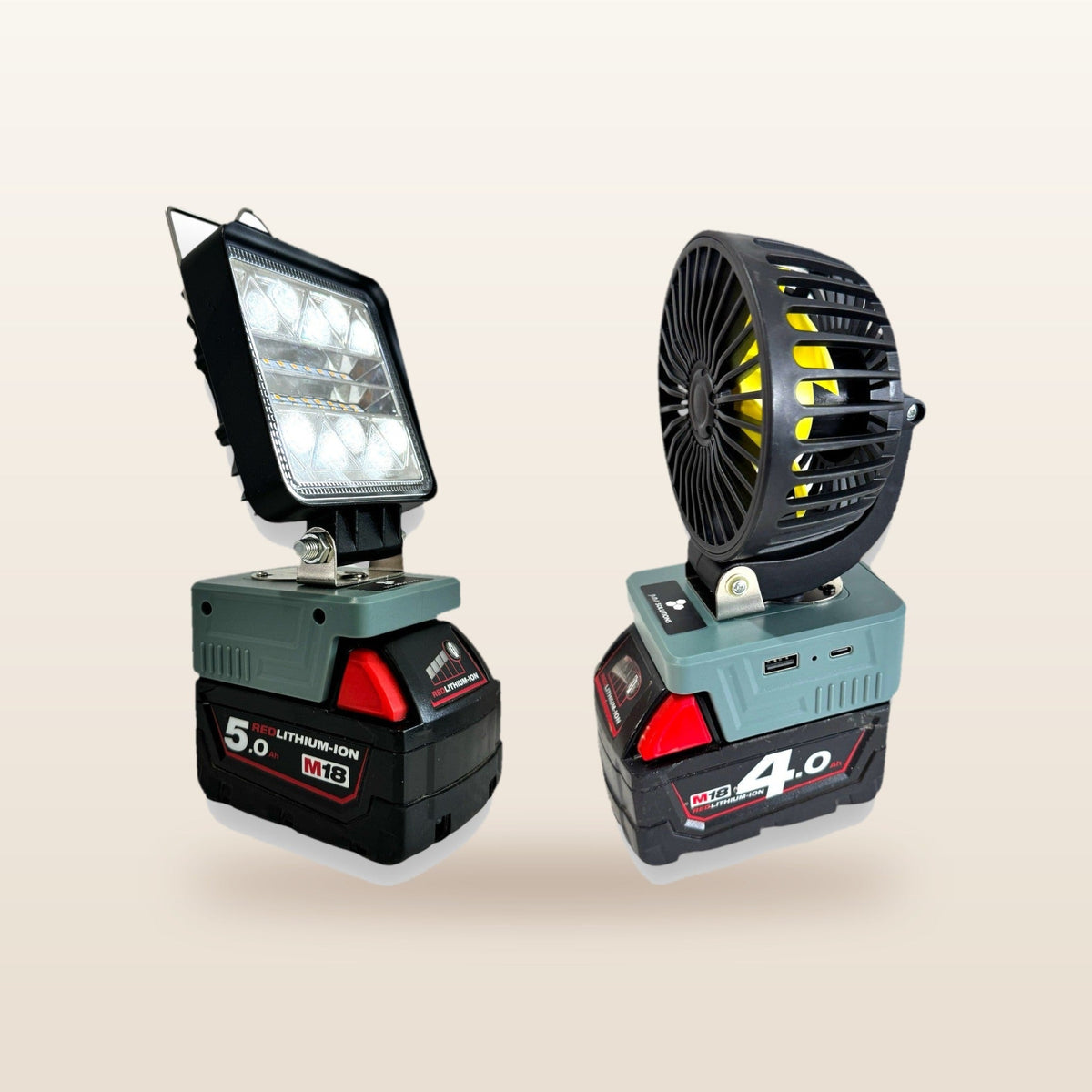 Milwaukee-compatible 18V LED Light & Fan Bundle: LED light and fan side by side