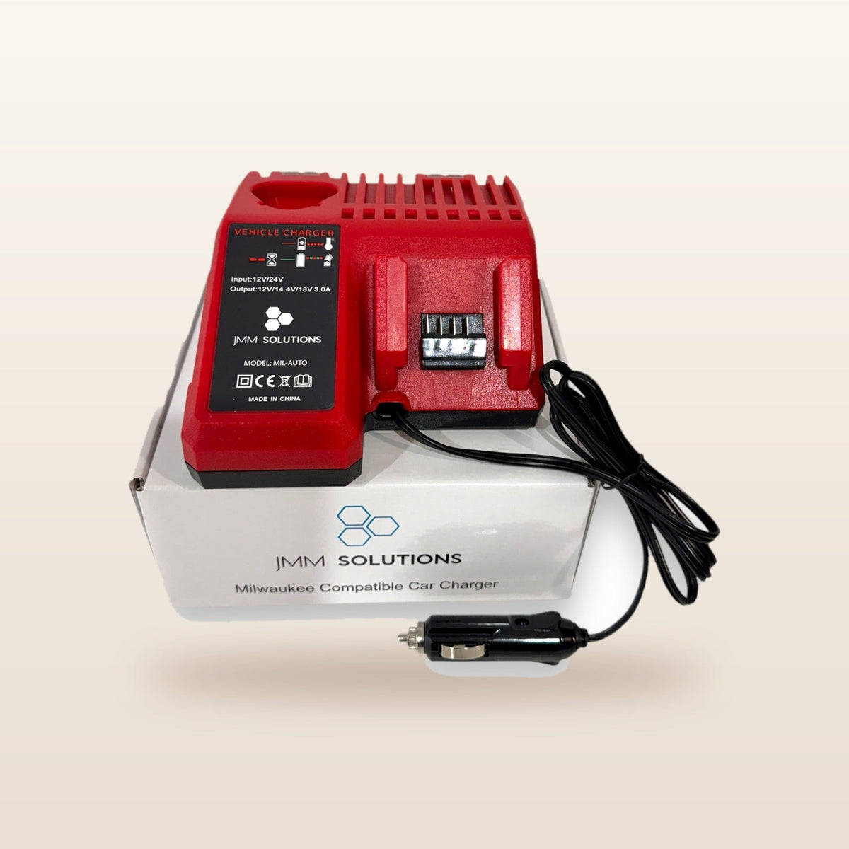 Milwaukee-compatible Balanced Auto Charger: charger standing on its box