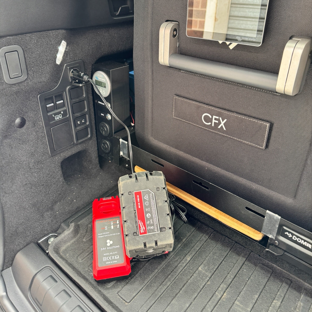 Milwaukee-compatible Balanced Auto Charger: mounted in a vehicle's rear cargo area