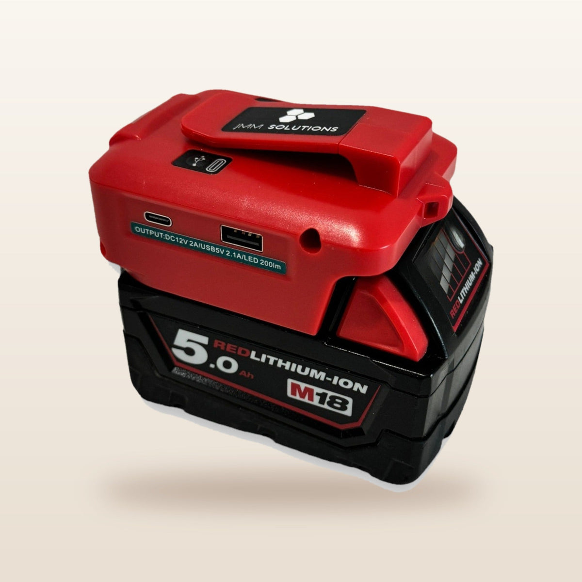 Milwaukee-compatible USB & 12V Charger with LED Light: side view showing the USB ports